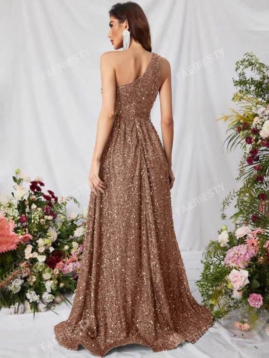 Rochie Elegantă Cu Paiete, Cu Crăpături Pe Un Singur Umăr, Cu Tiv Dramatic Până La Podea [3]