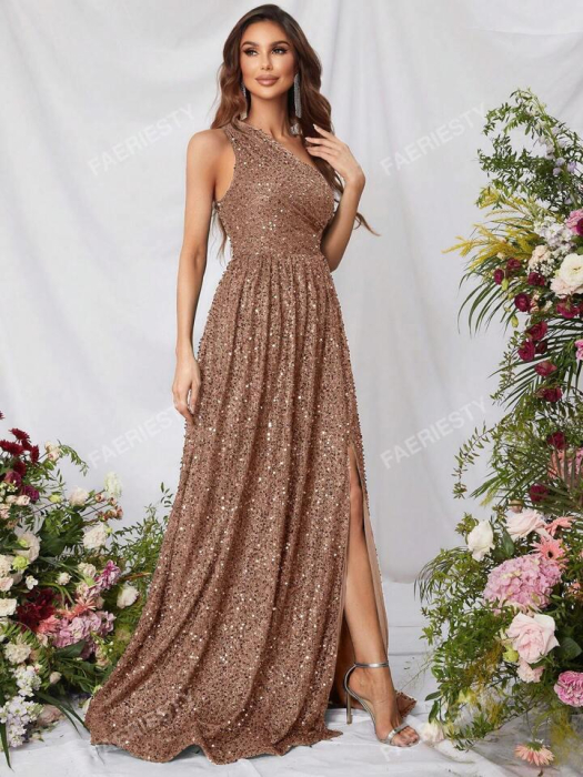 Rochie Elegantă Cu Paiete, Cu Crăpături Pe Un Singur Umăr, Cu Tiv Dramatic Până La Podea [1]