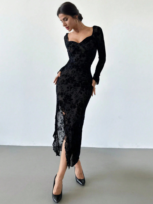 Rochie elegantă de toamnă/iarnă, cu imprimeu floral și decolteu pătrat, cu fâșii și tiv cu volane [1]