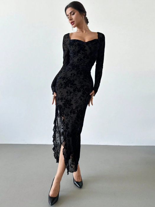 Rochie elegantă de toamnă/iarnă, cu imprimeu floral și decolteu pătrat, cu fâșii și tiv cu volane [2]