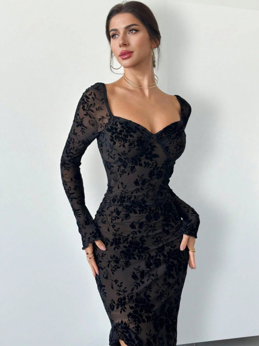 Rochie elegantă de toamnă/iarnă, cu imprimeu floral și decolteu pătrat, cu fâșii și tiv cu volane [3]