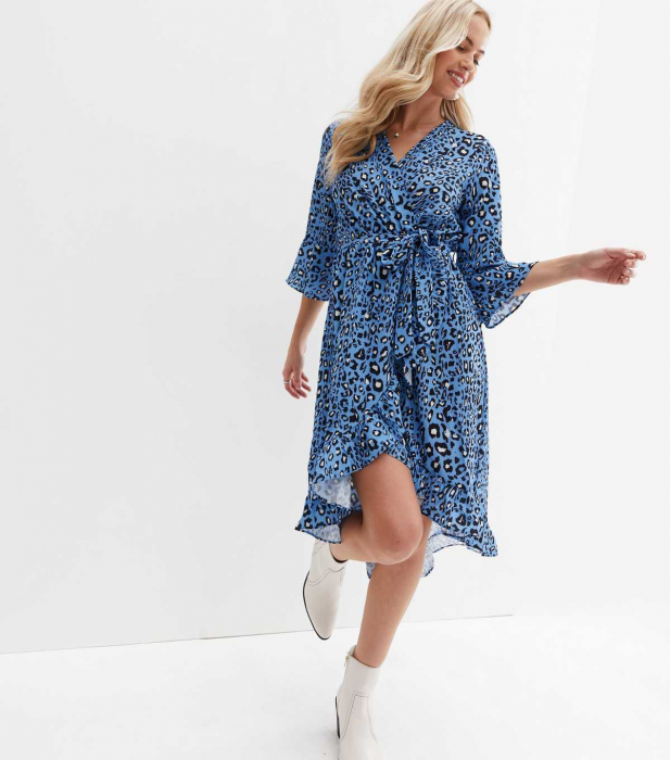 Rochie midi Gini London cu imprimeu leopard albastru cu volane [2]