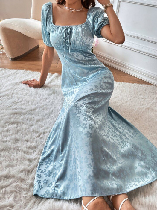 Rochie Modelyn din satin cu imprimeu floral jacquard și noduri în față [2]