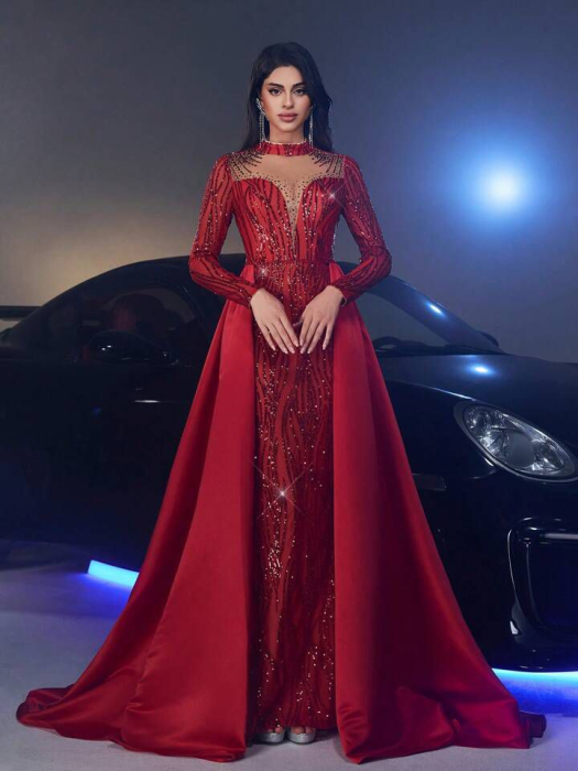 Rochie rosie cu paiete si petricele si trena din satin [2]