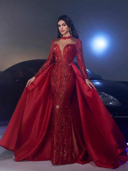 Rochie rosie cu paiete si petricele si trena din satin [1]