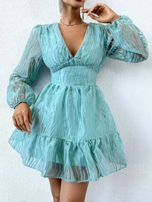 Rochie RueChic pentru femei cu mânecă lungă și decolteu în V, din plasă [1]