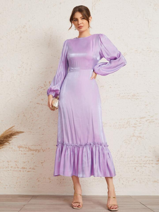 Rochie solidă cu mânecă lanternă cu volan, fără curea [2]