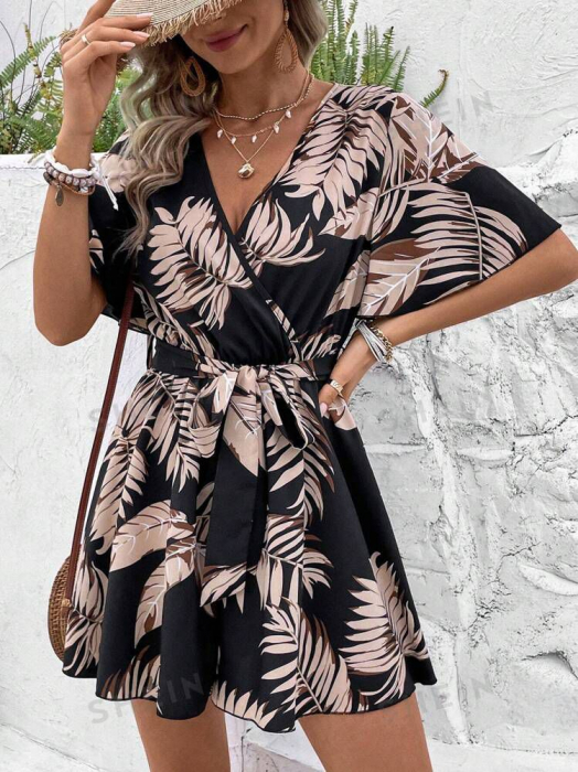 Salopetă Cu Decolteu În V Pentru Femei, Cu Model De Frunze [2]