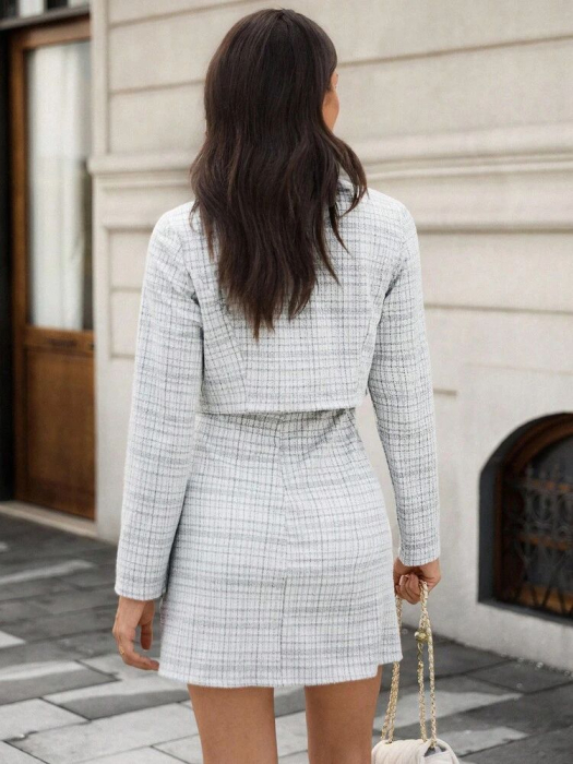 Set Jachetă Scurtă În Carouri Și Rochie Fără Mâneci, 2 Buc., Primăvară, Toamnă [3]