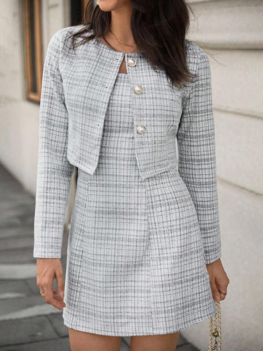 Set Jachetă Scurtă În Carouri Și Rochie Fără Mâneci, 2 Buc., Primăvară, Toamnă [4]