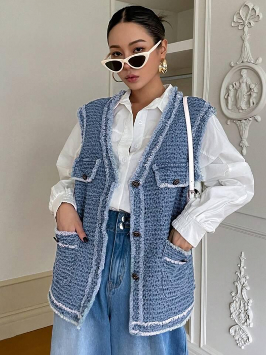 Vestă din denim cu finisaj brut și buzunar dublu, fără cămașă [2]