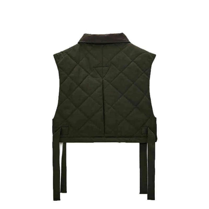 Vestă elegantă, cu buzunare verzi, matlasată, crop, pentru femei, la modă, cu nasturi laterali [2]