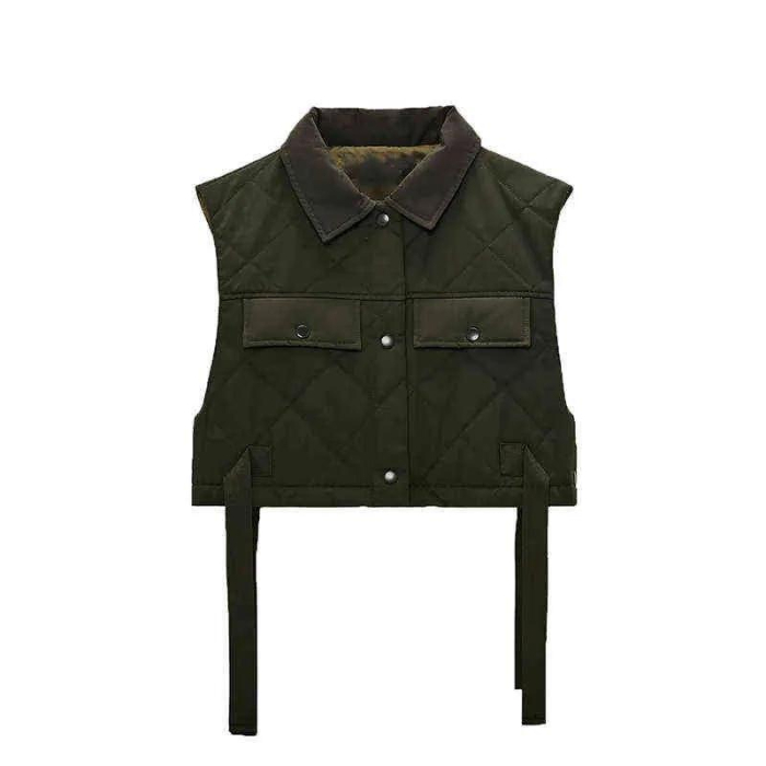 Vestă elegantă, cu buzunare verzi, matlasată, crop, pentru femei, la modă, cu nasturi laterali [3]
