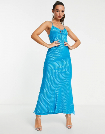 ROCHII - Rochie maxi cu imprimeu floral și decolteu rotund din satin cu dungi