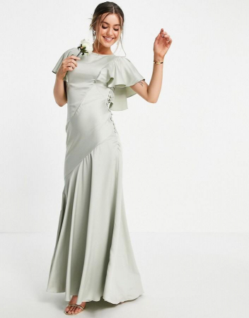 ROCHII - Rochie maxi din satin, cu mâneci fluturate, cu nasturi laterali