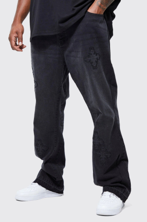 BLUGI - Blugi Plus Slim Rigid Flare cu Aplicații în Cruce