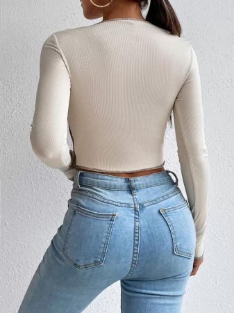 Bluza scurta pentru femei, cu mânecă lungă, tricotat cu nervuri, cu cusături superioare și guler pătrat, blocuri de culoare [3]