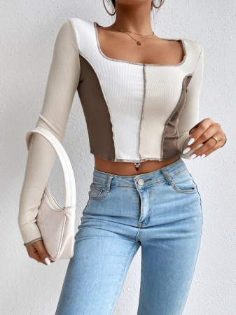 FEMEI - Bluza scurta pentru femei, cu mânecă lungă, tricotat cu nervuri, cu cusături superioare și guler pătrat, blocuri de culoare
