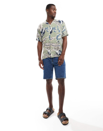 BĂRBAȚI - Cămașă cu imprimeu de pene și guler revere Jack & Jones, verde salvie