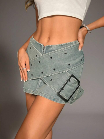 FEMEI - Fusta Din Denim Cu Ochiuri Încrucișate