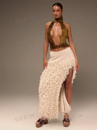 FEMEI - Fusta Maxi, Pufoasă, Tricotată, Cu Desfășurare Laterală