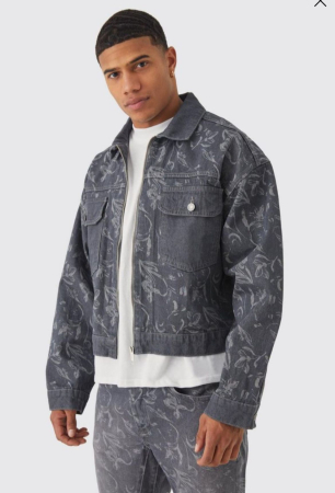 BĂRBAȚI - Jachetă din denim cu imprimeu laser și fermoar, croială dreaptă - gri
