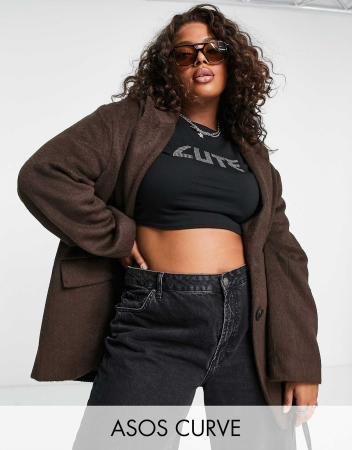 Jachetă elegantă supradimensionată din amestec de lână ASOS DESIGN Curve, culoare ciocolatiu [0]