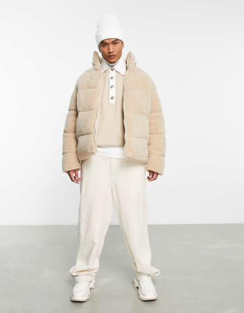 BĂRBAȚI - Jachetă pufoasă ASOS DESIGN cu glugă detașabilă ecru