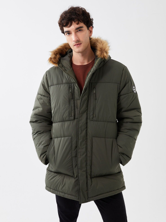 BĂRBAȚI - Palton bărbătesc cu glugă XSIDE Standard Fit KHAKI
