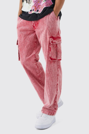 BĂRBAȚI - PANTALONI CARGO DIN ȘIROP CORDOI RELAXAT, SPĂLARE ACIDĂ