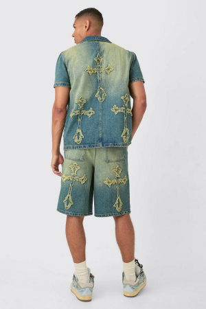 Pantaloni scurti din denim cu aplicatii cruce [2]