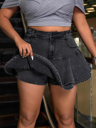 PANTALONI SCURTI - Pantaloni Scurți Din Denim Spălat, De Mărime Plus, Cu Tiv Cu Volane