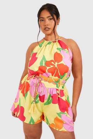 SALOPETE - Plus Salopeta floral cu centură