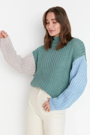 Pulover Mint Wide Fit, texturat moale, tricotaj, bloc de culoare [1]