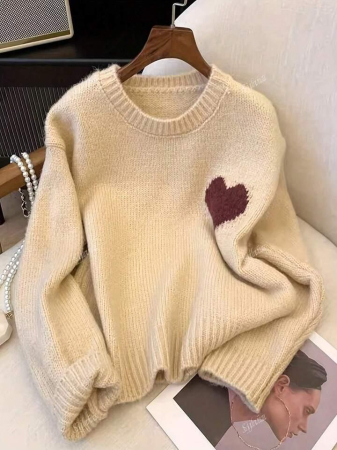 FEMEI - Pulover Tricotat Cu Model Moale De Inimă, Stil Vintage, Casual, Lejer