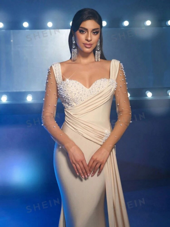Rochie cu Mânecă Lungă Bust De Lux Cu Talie Înaltă Care Slăbește Coada De Pește Tiv Cu Volan În Cascadă Data Versatilă [2]