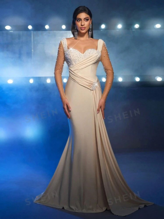 FEMEI - Rochie cu Mânecă Lungă Bust De Lux Cu Talie Înaltă Care Slăbește Coada De Pește Tiv Cu Volan În Cascadă Data Versatilă
