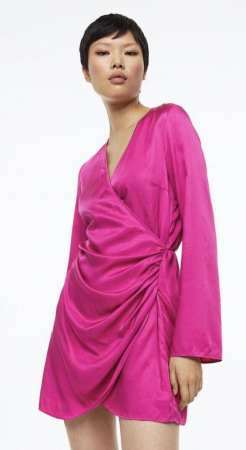 FEMEI - Rochie cu mânecă lungă din satin fucsia, cu mâneci late, cu decolteu în V
