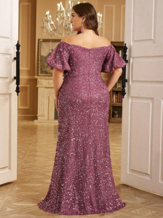 Rochie De Bal Cu Paiete, Mărime Plus, Cu Umeri Goi, Talie Încrețită, Spate Deschis, Rochie De Bal Cu Paiete [2]