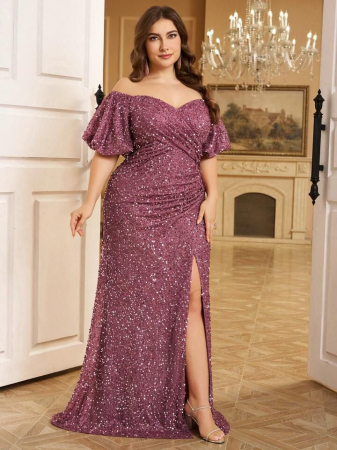 Rochie De Bal Cu Paiete, Mărime Plus, Cu Umeri Goi, Talie Încrețită, Spate Deschis, Rochie De Bal Cu Paiete [1]