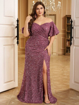 ROCHII - Rochie De Bal Cu Paiete, Mărime Plus, Cu Umeri Goi, Talie Încrețită, Spate Deschis, Rochie De Bal Cu Paiete