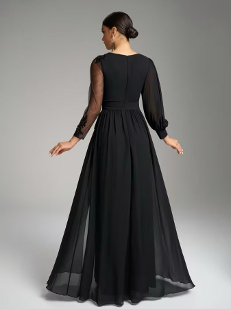Rochie de Seară Elegantă cu Guler Rotund, Mâneci Lantern Neregulate și Detalii Împletite, Cușetă Legată la Talie - Negru [3]