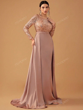 FEMEI - Rochie de seară elegantă, modestă, din satin contrastant, cu paiete