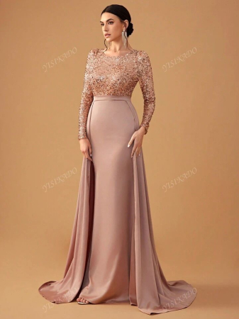 Rochie de seară elegantă, modestă, din satin contrastant, cu paiete [2]