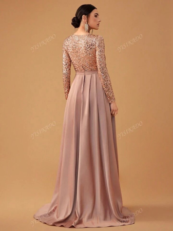 Rochie de seară elegantă, modestă, din satin contrastant, cu paiete [3]