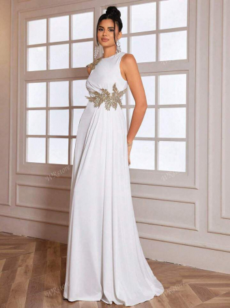 Rochie de seară elegantă premium cu crăpături înalte și flori 3D, albă [1]