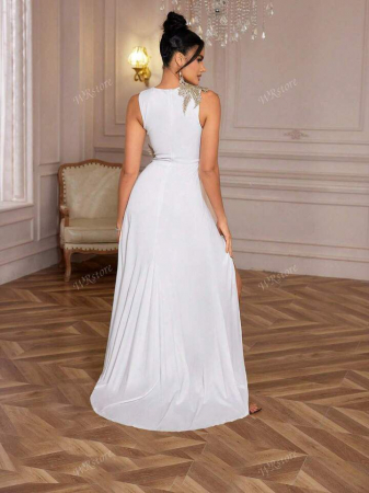 Rochie de seară elegantă premium cu crăpături înalte și flori 3D, albă [3]