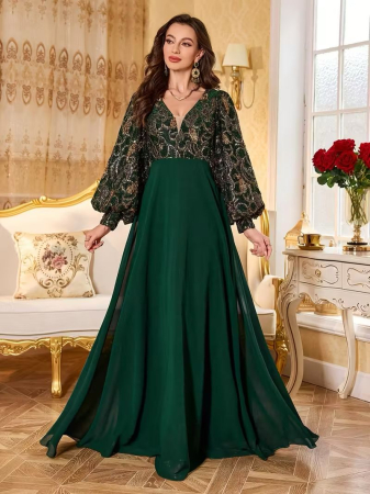 FEMEI - Rochie de Seară Formală Verde Smarald cu Decolteu în V, Mâneci Lungi și Paiete și Broderii - Rochie Elegantă cu Mâneci Bufante, Tren Super-Lung și Umplutură pentru Piept pentru Femei