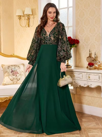 Rochie de Seară Formală Verde Smarald cu Decolteu în V, Mâneci Lungi și Paiete și Broderii - Rochie Elegantă cu Mâneci Bufante, Tren Super-Lung și Umplutură pentru Piept pentru Femei [1]