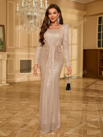 ROCHII - Rochie de seară lungă cu paiete, decolteu pătrat, mânecă lungă, talie plisată